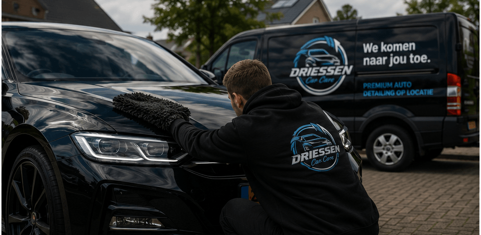 Detailer van Driessen Car Care poetst een zwarte auto naast de bus